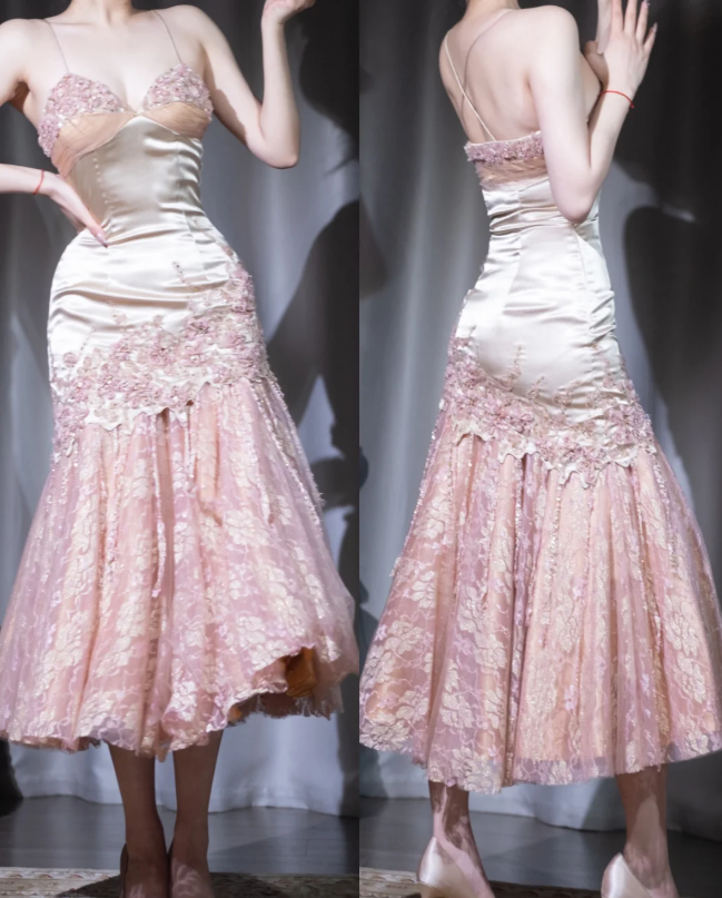Vintage Spaghetti Straps Mermaid Prom Dresses Tulle Satin Evening Dress RF0923