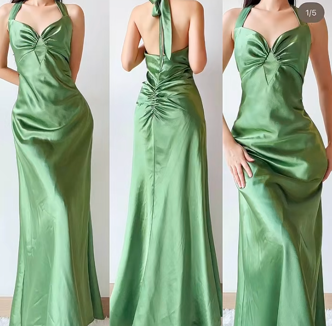 Elegant Green Halter Mermaid Satin Prom Dresses Retro Evening Gowns RF0924