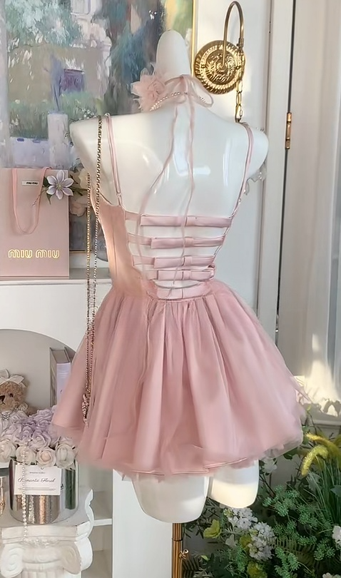 Sweet Pink Spaghetti Straps A-Line Lace Satin Birthday Dress with Bow Fashion Homecoming Dress RF0929