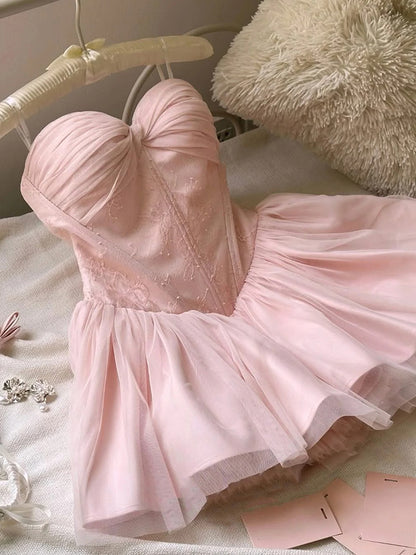 Gorgeous Pink Sweetheart Neck A-Line Lace Tulle Short Evening Dress for Birthday & Graduation Party RF0930