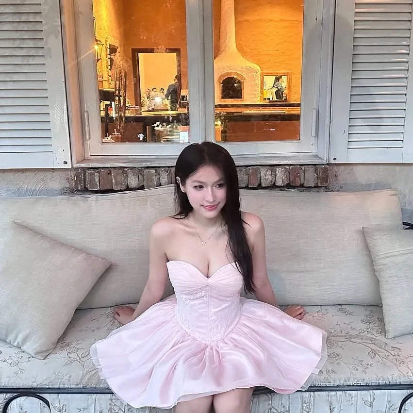 Gorgeous Pink Sweetheart Neck A-Line Lace Tulle Short Evening Dress for Birthday & Graduation Party RF0930