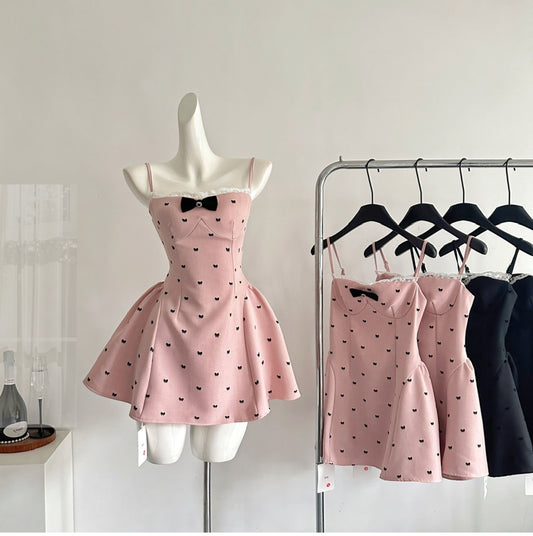 Gorgeous Pink Spaghetti Straps A-Line Short Evening Dress with Bow Cute Party Dress RF0935