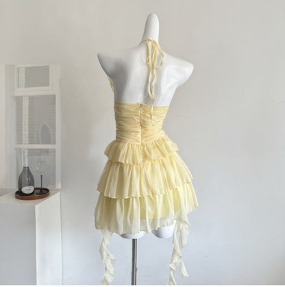 Chic Butter Yellow Halter Neck A-Line Net sh Short Birthday Party Dress RF0936