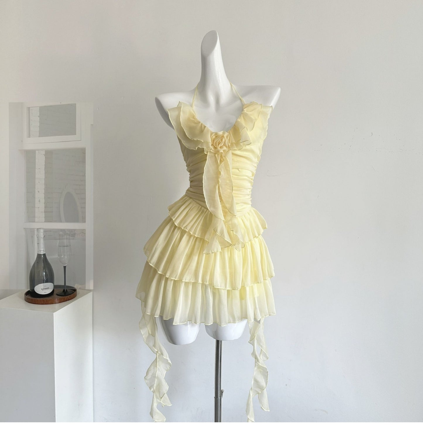 Chic Butter Yellow Halter Neck A-Line Net sh Short Birthday Party Dress RF0936