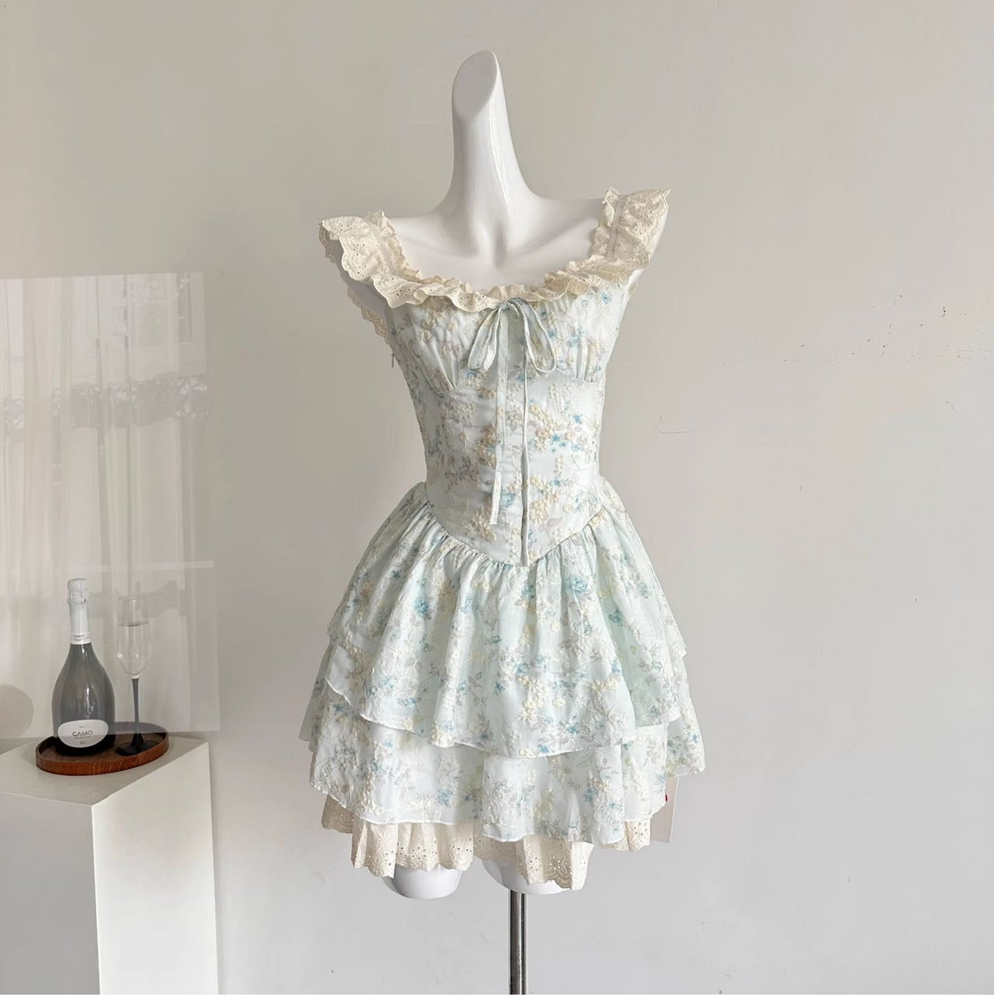 Stunning Light Blue Square Neck A-Line Embroidered Applique Sweet 16 Dress RF0937