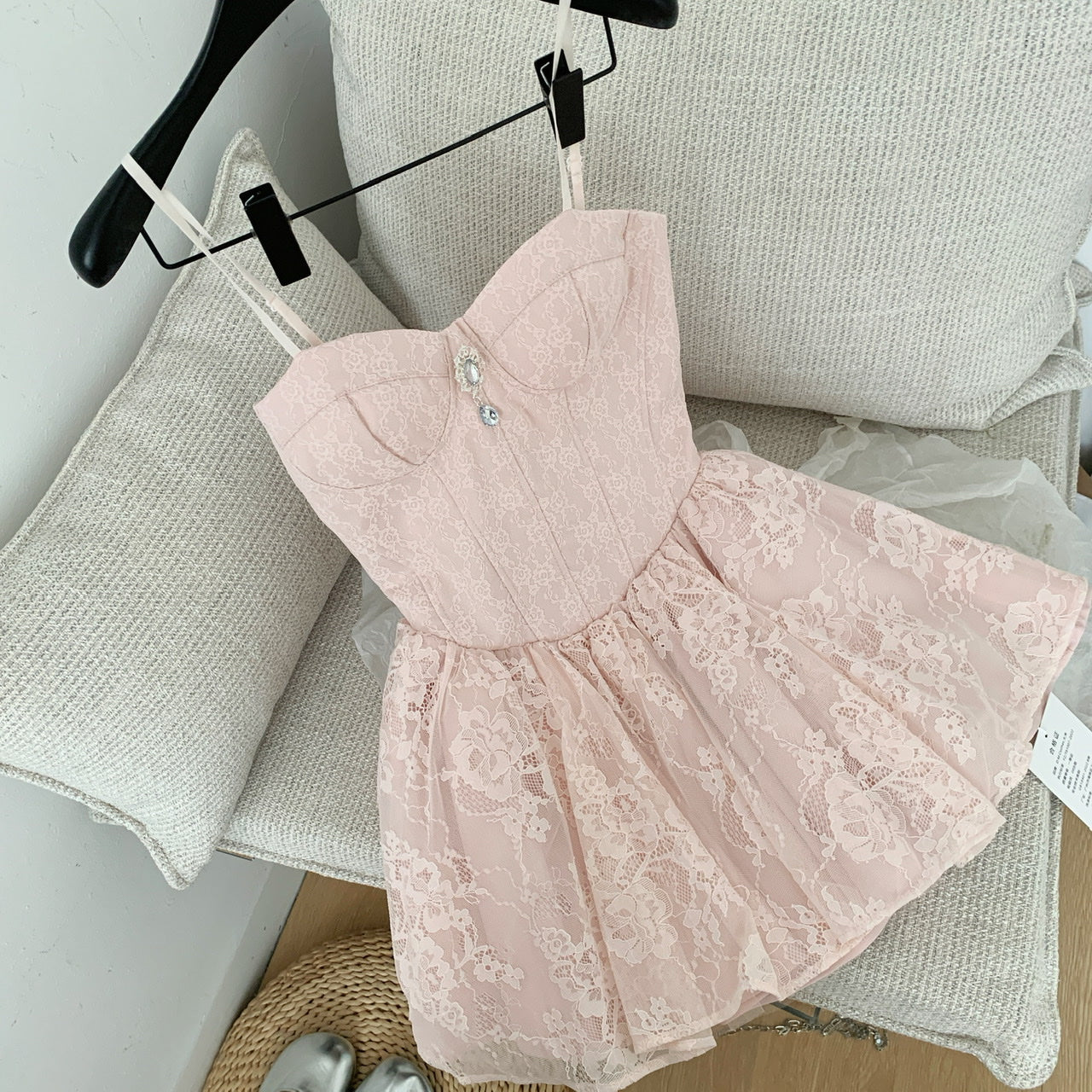 Sweet Pink Spaghetti Straps A-Line Lace Short Stunning Prom Dresses Birthday Party Dress RF0941