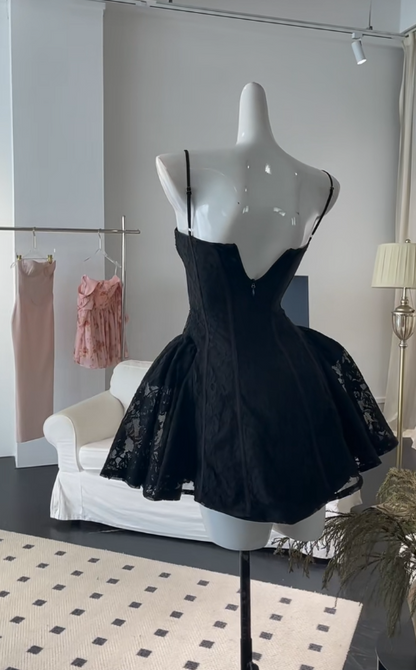 Glamour Black Spaghetti Straps Short Lace Ball Gown Sweet Homecoming Dress Sweet Birthday Dress RF0943