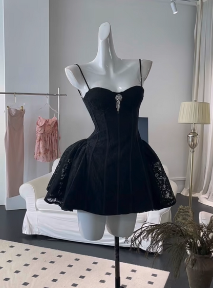 Glamour Black Spaghetti Straps Short Lace Ball Gown Sweet Homecoming Dress Sweet Birthday Dress RF0943