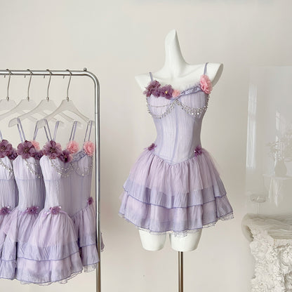 Sweet Purple Spaghetti Strap A-Line Chiffon Applique Short Homecoming Dress Birthday Party Dress RF0944