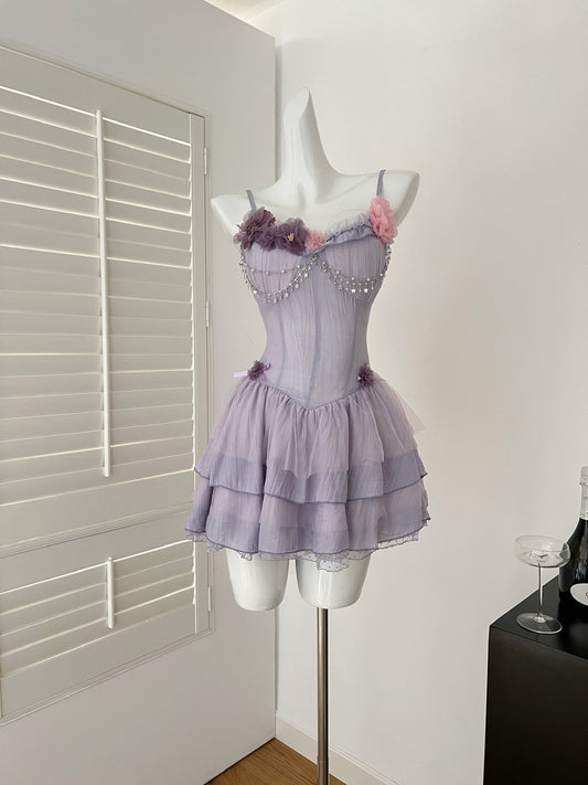 Sweet Purple Spaghetti Strap A-Line Chiffon Applique Short Homecoming Dress Birthday Party Dress RF0944
