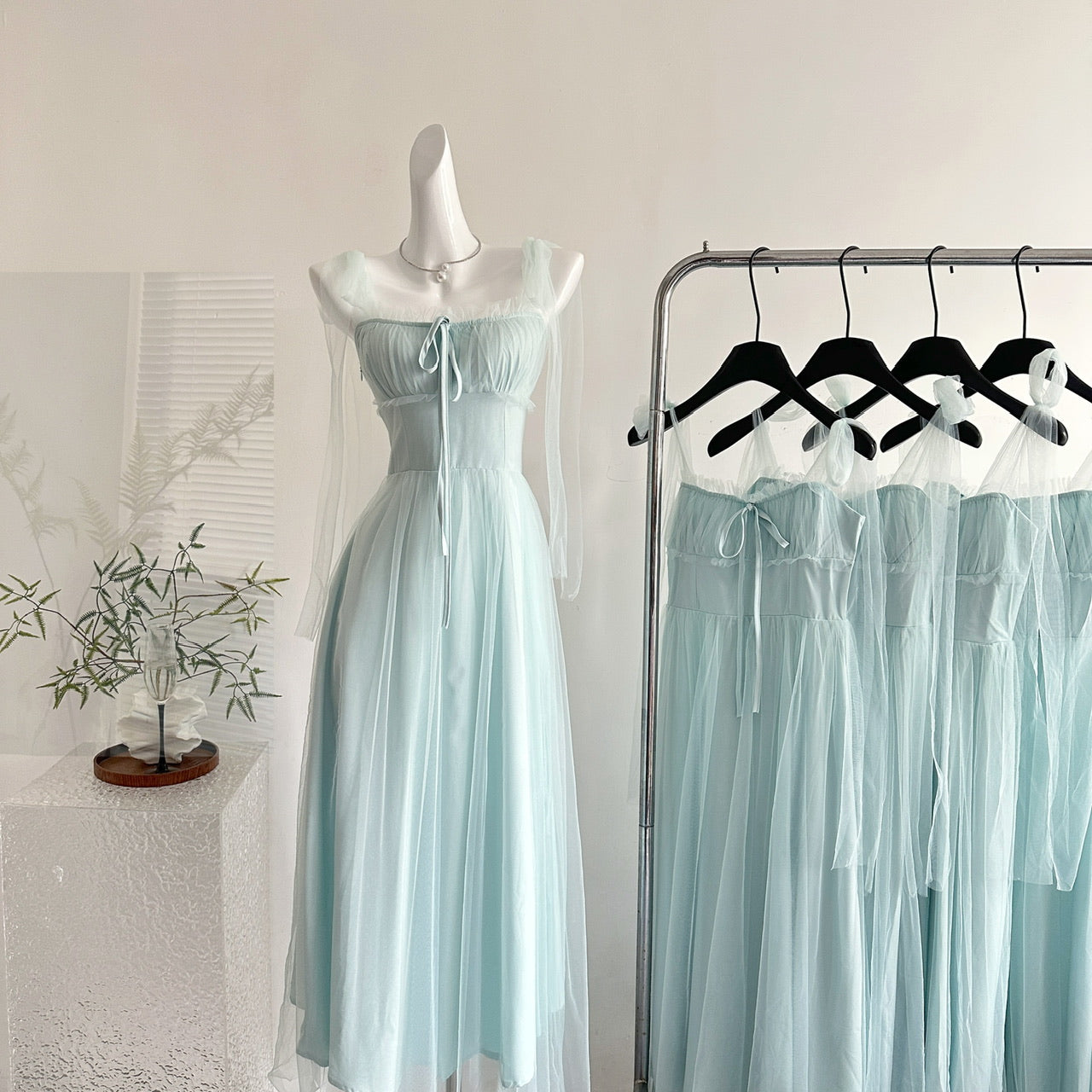 Fairytale Blue Square Neck A-Line Tulle Birthday Evening Dress RF0945