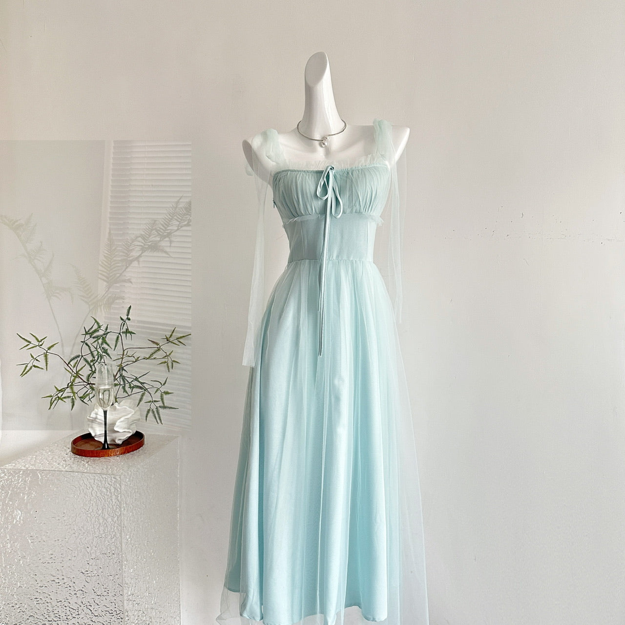 Fairytale Blue Square Neck A-Line Tulle Birthday Evening Dress RF0945