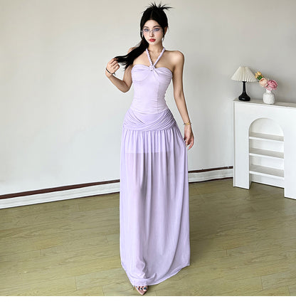 Elegant Purple Halter Neck Sheath Chiffon Two Piece Long Party Dress Simple Evening DressRF0946