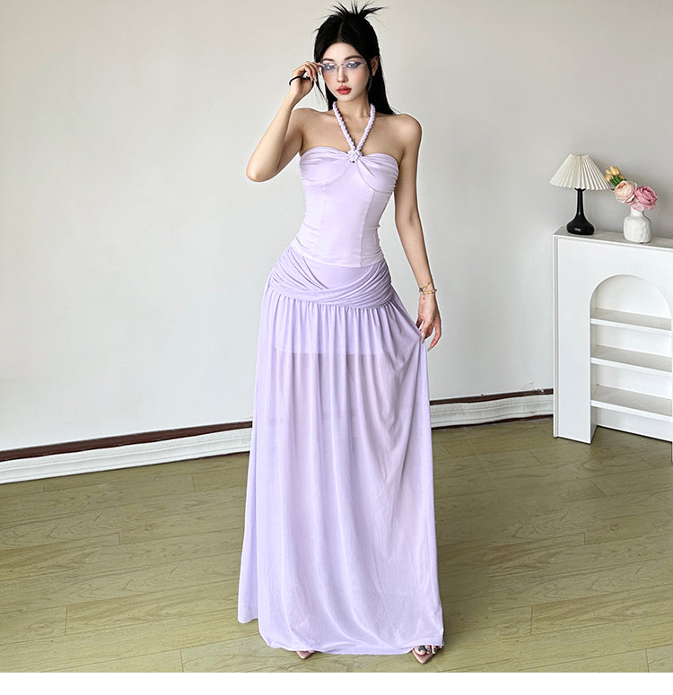Elegant Purple Halter Neck Sheath Chiffon Two Piece Long Party Dress Simple Evening DressRF0946