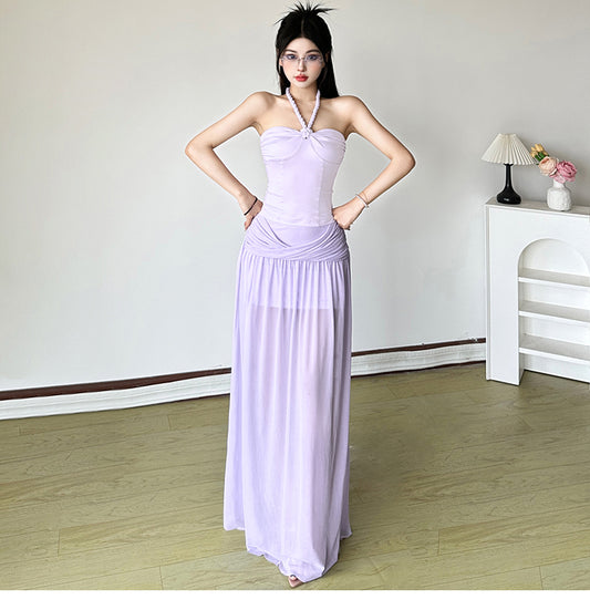 Elegant Purple Halter Neck Sheath Chiffon Two Piece Long Party Dress Simple Evening DressRF0946