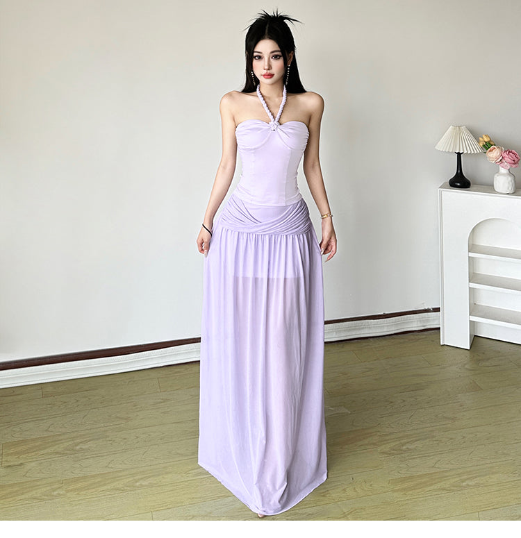 Elegant Purple Halter Neck Sheath Chiffon Two Piece Long Party Dress Simple Evening DressRF0946