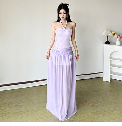 Elegant Purple Halter Neck Sheath Chiffon Two Piece Long Party Dress Simple Evening DressRF0946