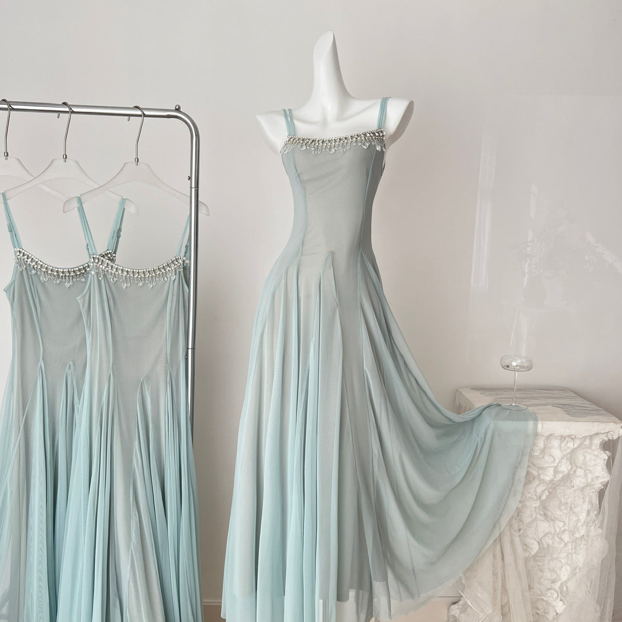 Sweet Green Spaghetti Strap A-Line Tulle Long Prom Dresses Fashion Evening Dress RF0947