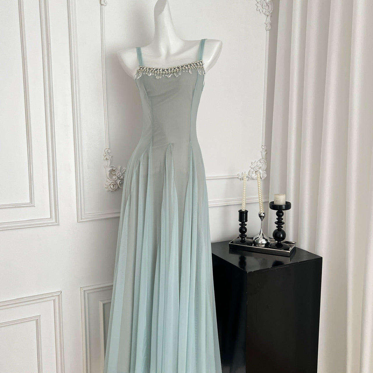 Sweet Green Spaghetti Strap A-Line Tulle Long Prom Dresses Fashion Evening Dress RF0947
