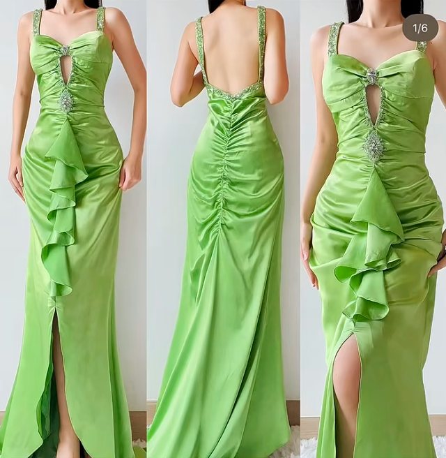 Vintage Green Straps Mermaid Beaded Satin Prom Dresses Formal Evening Dress With Open Back RF0948