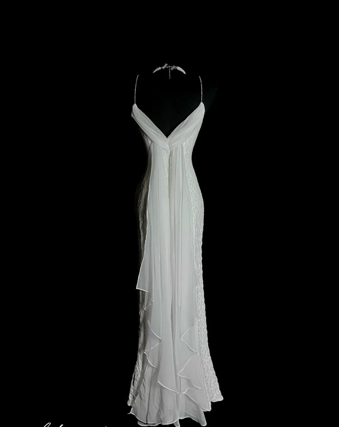 Elegant White Spaghetti Strap Mermaid Lace Long Prom Dresses Vintage Formal Evening Dresses RF0950