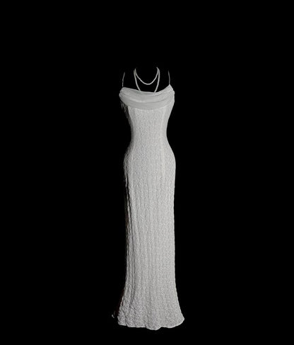 Elegant White Spaghetti Strap Mermaid Lace Long Prom Dresses Vintage Formal Evening Dresses RF0950