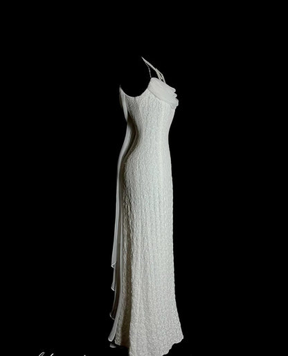 Elegant White Spaghetti Strap Mermaid Lace Long Prom Dresses Vintage Formal Evening Dresses RF0950