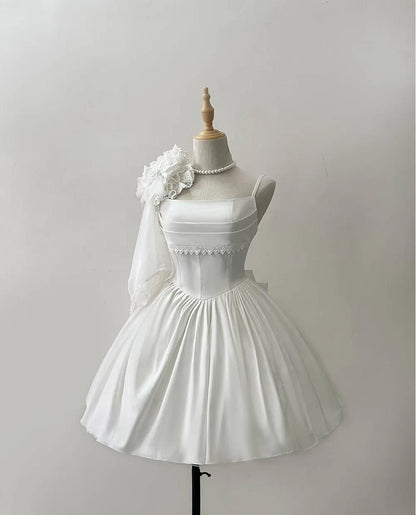Robe de mariée courte en satin blanc à bretelles spaghetti, coupe trapèze, élégante, RF0953