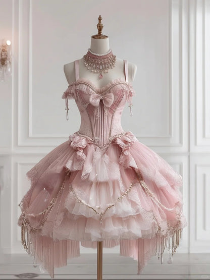 Gorgeous Pink Spaghetti Straps Tulle Lace Short Lolita Dress Sweet 16 Dress RF0956