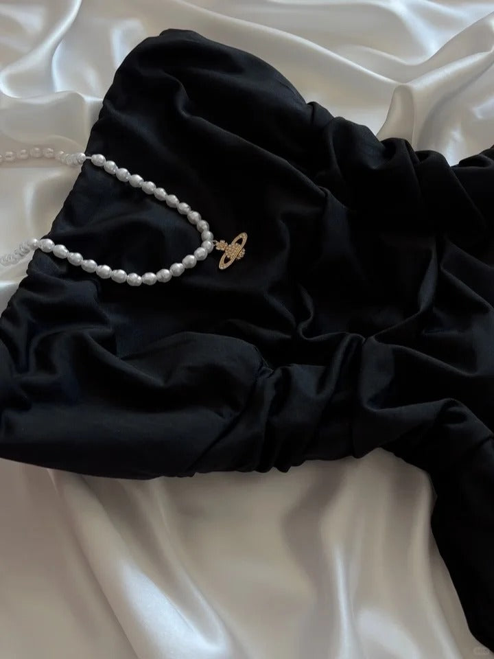 Robe de soirée courte noire glamour sans bretelles, coupe trapèze, RF0958