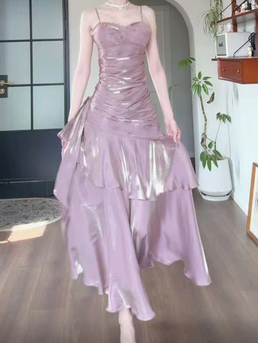 Fairytale Pink Spaghetti Straps A-Line Glitter Satin Long Prom Dresses Fashion Evening Dress RF0959