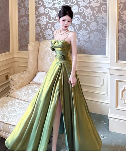 Superbe robe de bal longue en satin vert à bretelles spaghetti, coupe trapèze, robe de fête d'anniversaire, RF0961