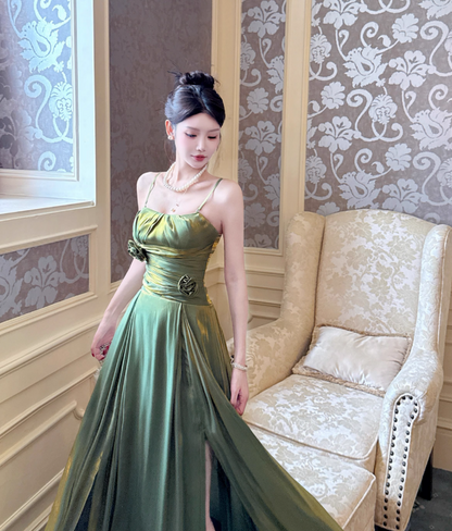 Superbe robe de bal longue en satin vert à bretelles spaghetti, coupe trapèze, robe de fête d'anniversaire, RF0961