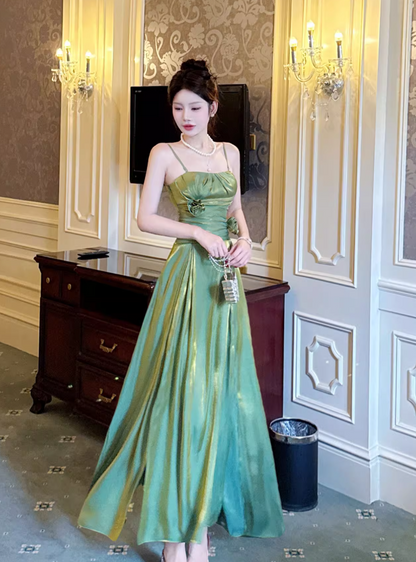 Superbe robe de bal longue en satin vert à bretelles spaghetti, coupe trapèze, robe de fête d'anniversaire, RF0961