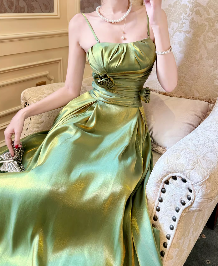 Superbe robe de bal longue en satin vert à bretelles spaghetti, coupe trapèze, robe de fête d'anniversaire, RF0961