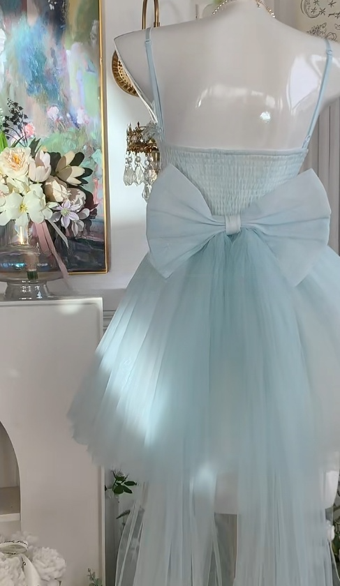 Robe de soirée courte en tulle bleu conte de fées, bretelles spaghetti, coupe trapèze, avec applications, robe de soirée douce RF0962