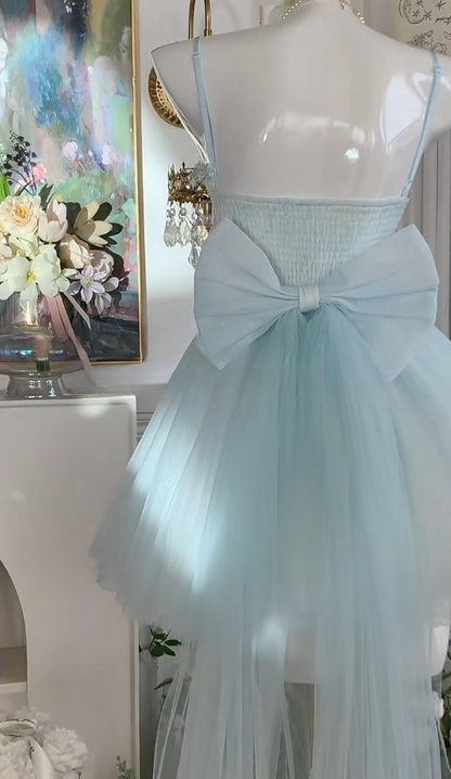 Robe de soirée courte en tulle bleu conte de fées, bretelles spaghetti, coupe trapèze, avec applications, robe de soirée douce RF0962