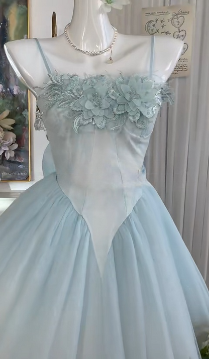 Robe de soirée courte en tulle bleu conte de fées, bretelles spaghetti, coupe trapèze, avec applications, robe de soirée douce RF0962