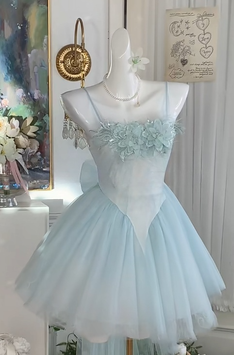 Fairytale Blue Spaghetti Straps A-Line Tulle Short Evening Dress with Appliques Sweet Homecoming Dress RF0962