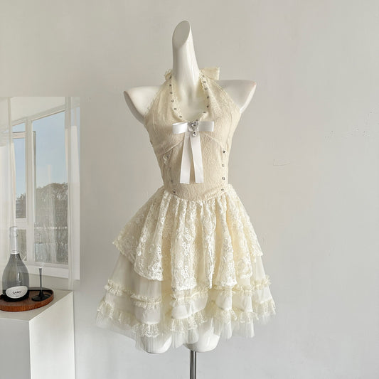 Sweet Apricot Halter Neck A-Line Lace Short Birthday Dress, Fashionable Homecoming Dress RF0964