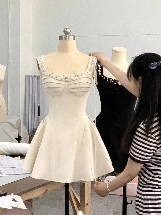 Fashion Black/Off-White Square Neck A-Line Short Birthday Party Dress Sweet Homecoming Dress RF0965