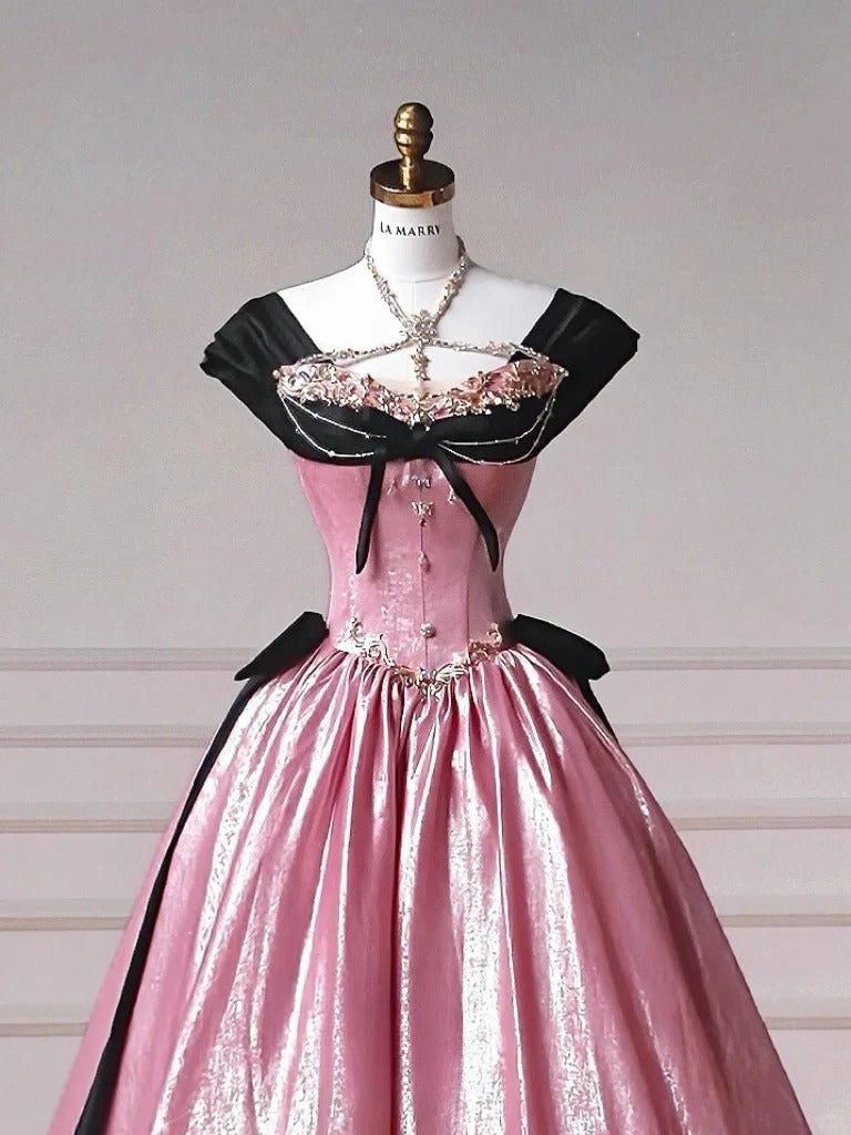 Märchenhaftes rosa V-Ausschnitt A-Linie Satin Langes Ballkleid Süßes HochzeitskleidRF0969