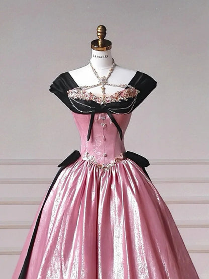 Märchenhaftes rosa V-Ausschnitt A-Linie Satin Langes Ballkleid Süßes HochzeitskleidRF0969