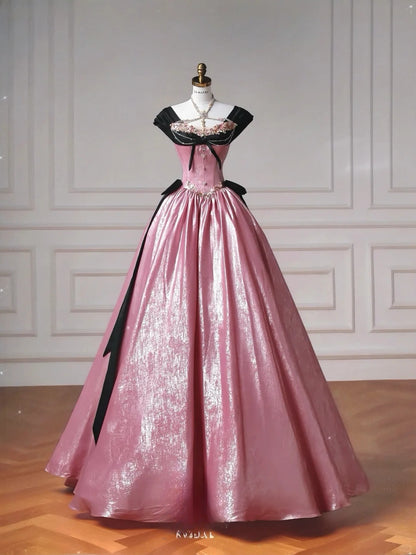 Märchenhaftes rosa V-Ausschnitt A-Linie Satin Langes Ballkleid Süßes HochzeitskleidRF0969