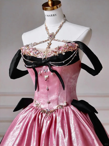 Märchenhaftes rosa V-Ausschnitt A-Linie Satin Langes Ballkleid Süßes HochzeitskleidRF0969