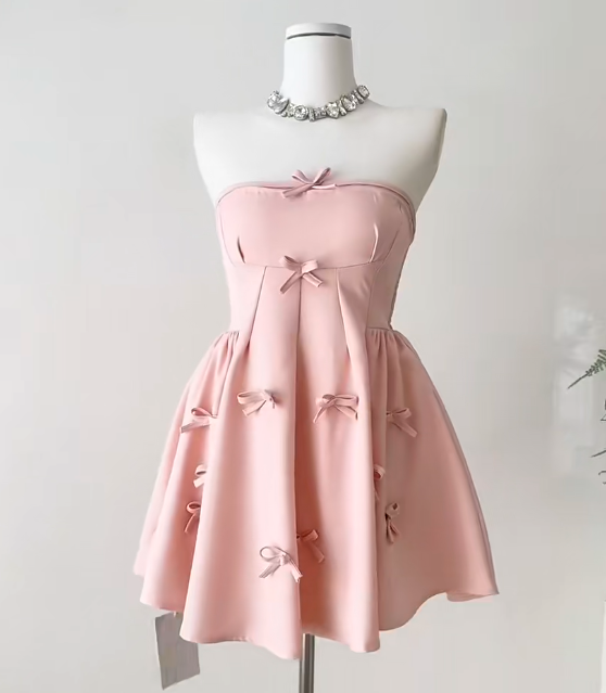 Superbe robe courte en satin rose sans bretelles, coupe trapèze, avec nœud, pour fête d'anniversaire, RF0974