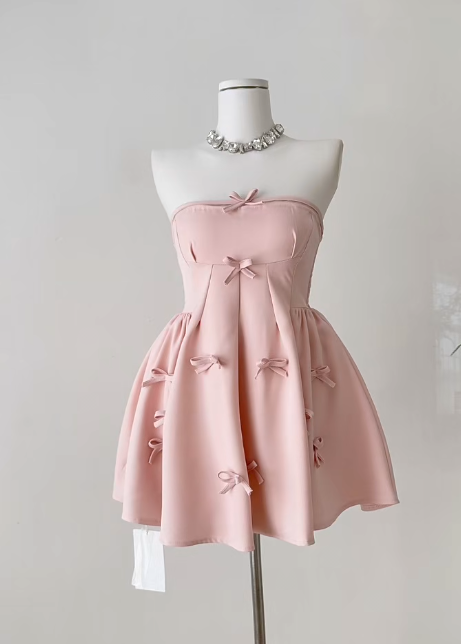 Gorgeous Pink Strapless A-Line Satin Short Birthday Party Dress with Bow RF0974