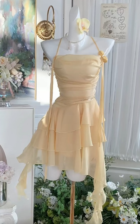 Sweet Yellow Spaghetti Straps A-Line Chiffon Backless Short Party Dress RF0977