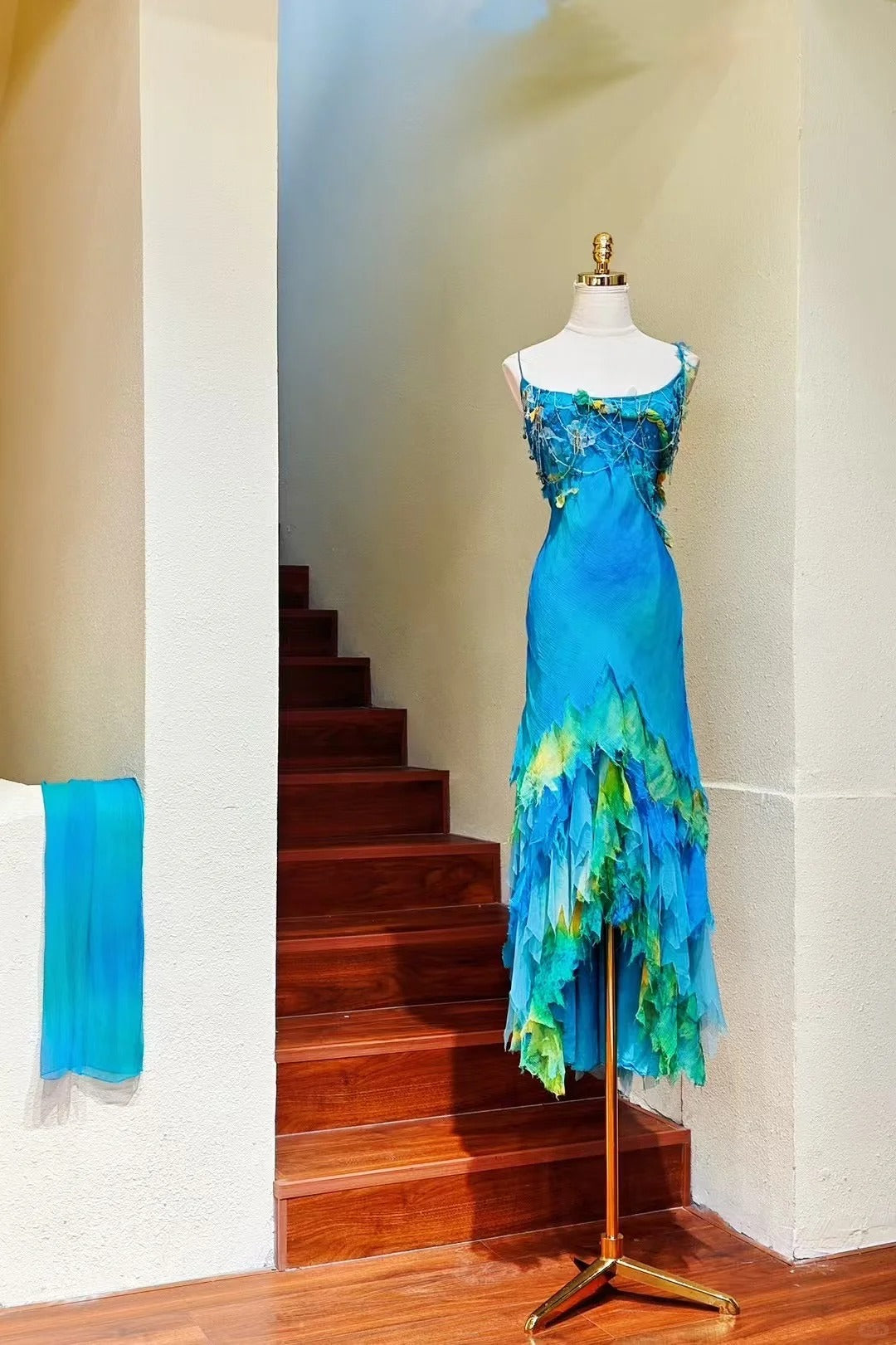 Robe de soirée glamour en mousseline de soie, robe fourreau à bretelles spaghetti, bleu vintage, RF0978