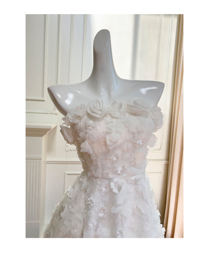 Elegant Spaghetti Strap A-Line Tulle Short Wedding Dress, White Homecoming Dress with Applique RF0980